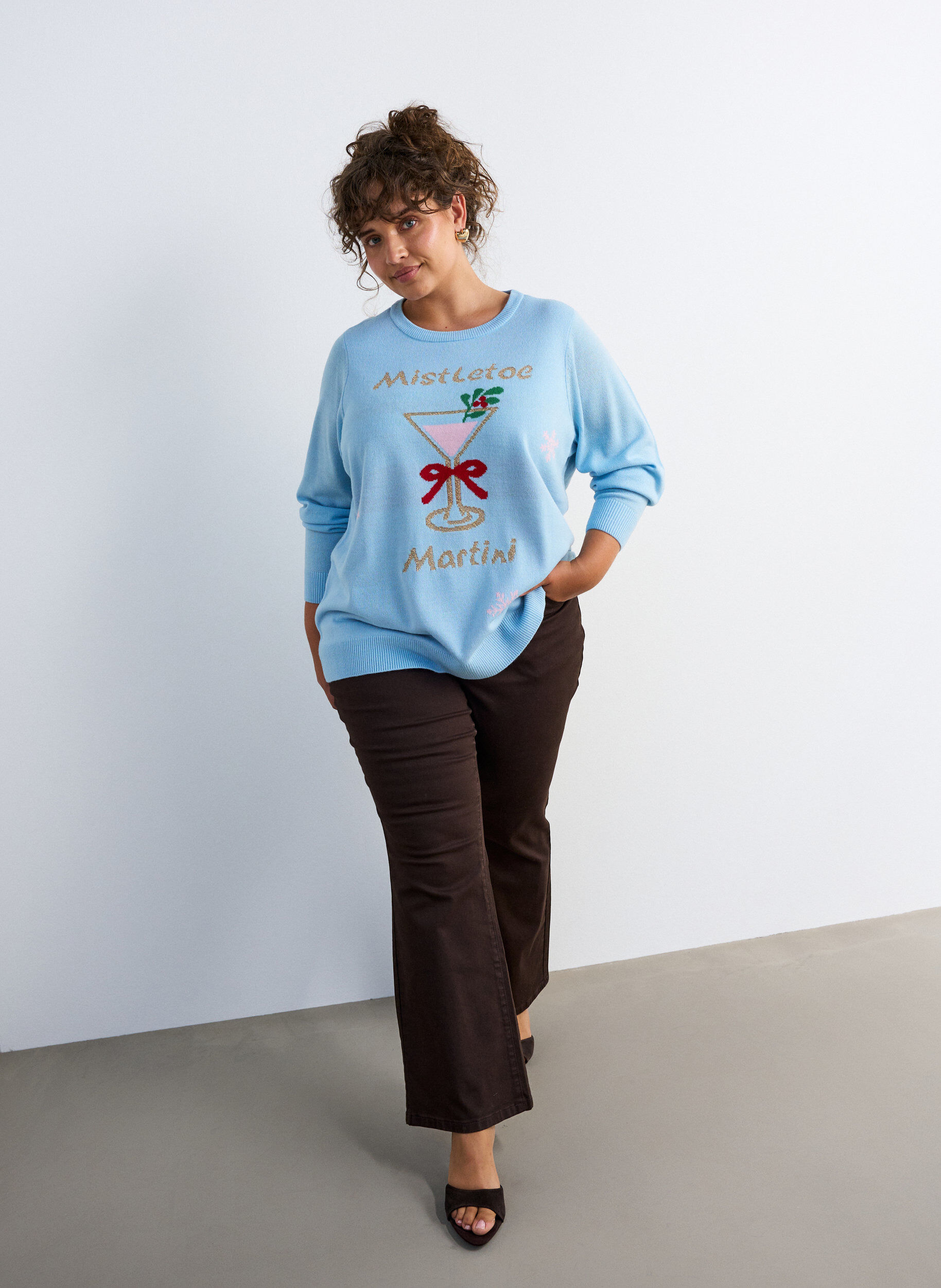 ZizzifashionKnitted blouse with a Christmas motif, Light Blue, Model image number 1