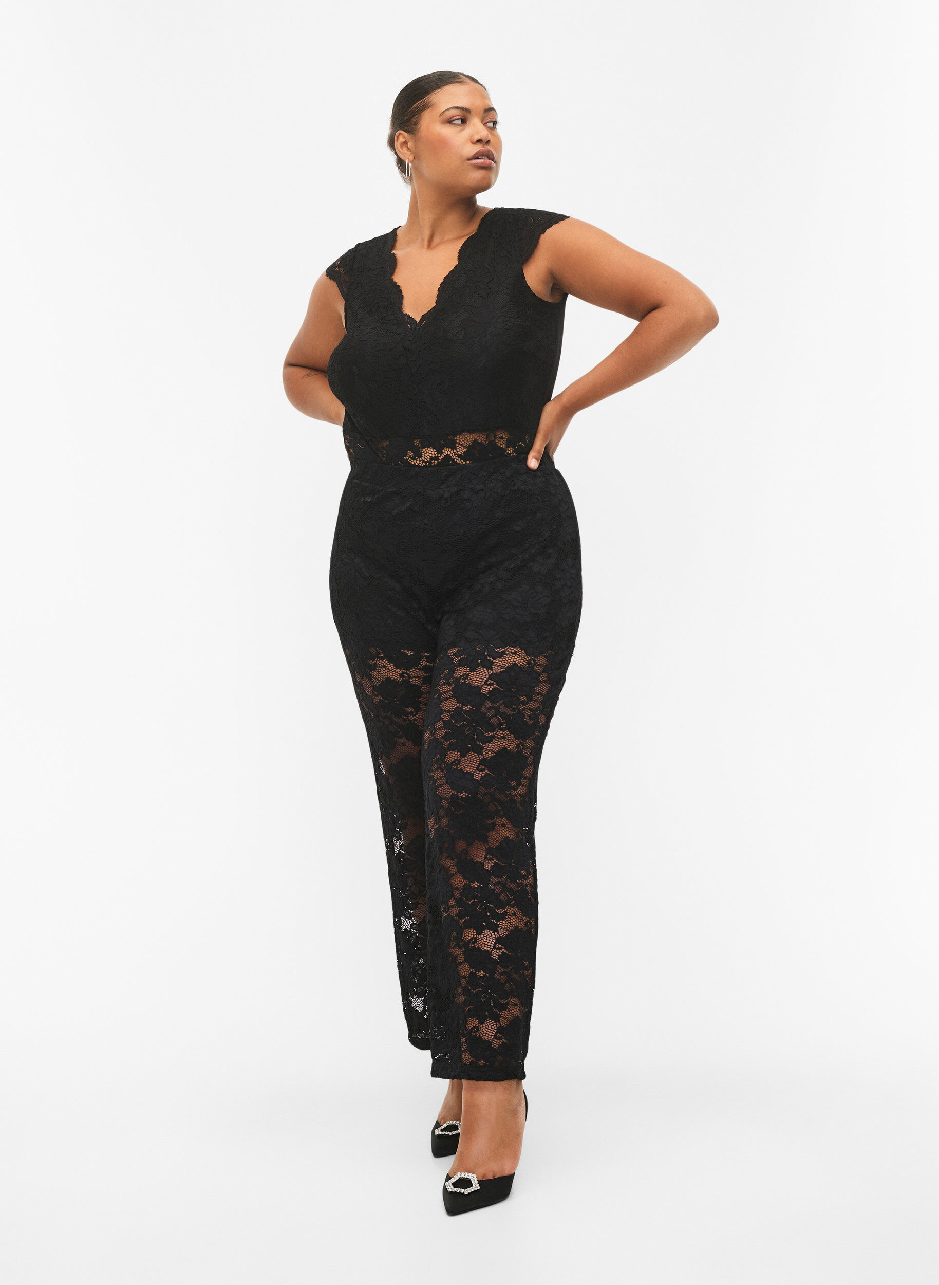 Zizzifashion Bodystocking with lace and v-neckline, Black, Model image number 2