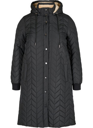 Hooded quilted jacket with buttons, Black, Packshot image number 0