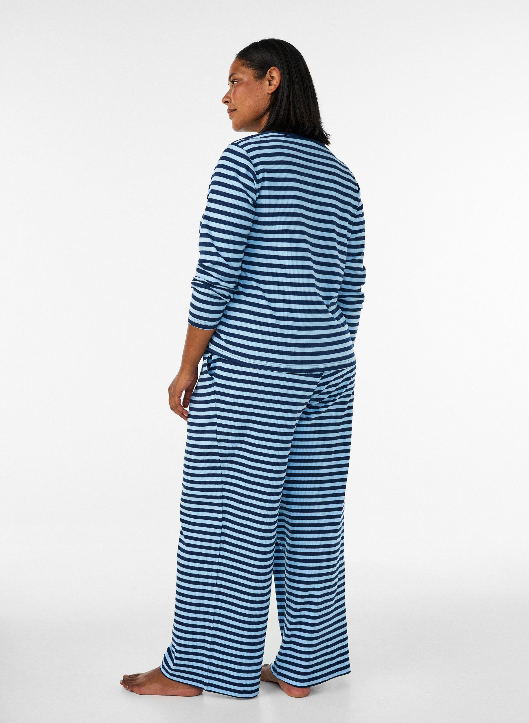 ZizzifashionStriped pyjama bottoms with a high waist and wide legs, Blue, Model image number 1