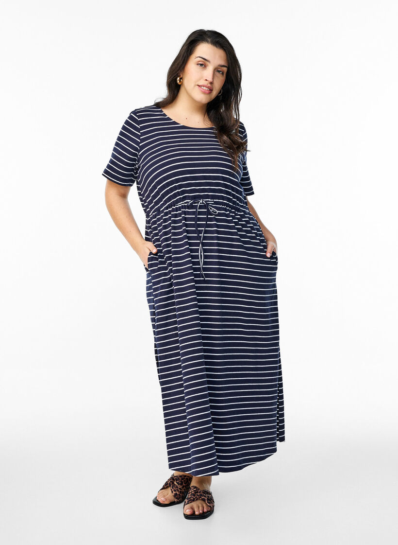 Midi dress in cotton with short sleeves, Blue, Model image number 0