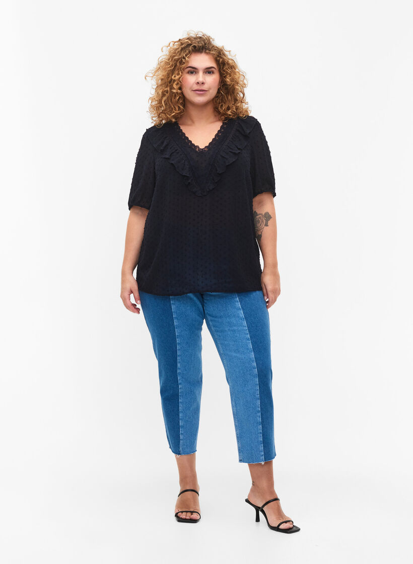 Blouse with short sleeves and dotted structure, Night Sky, Model image number 2