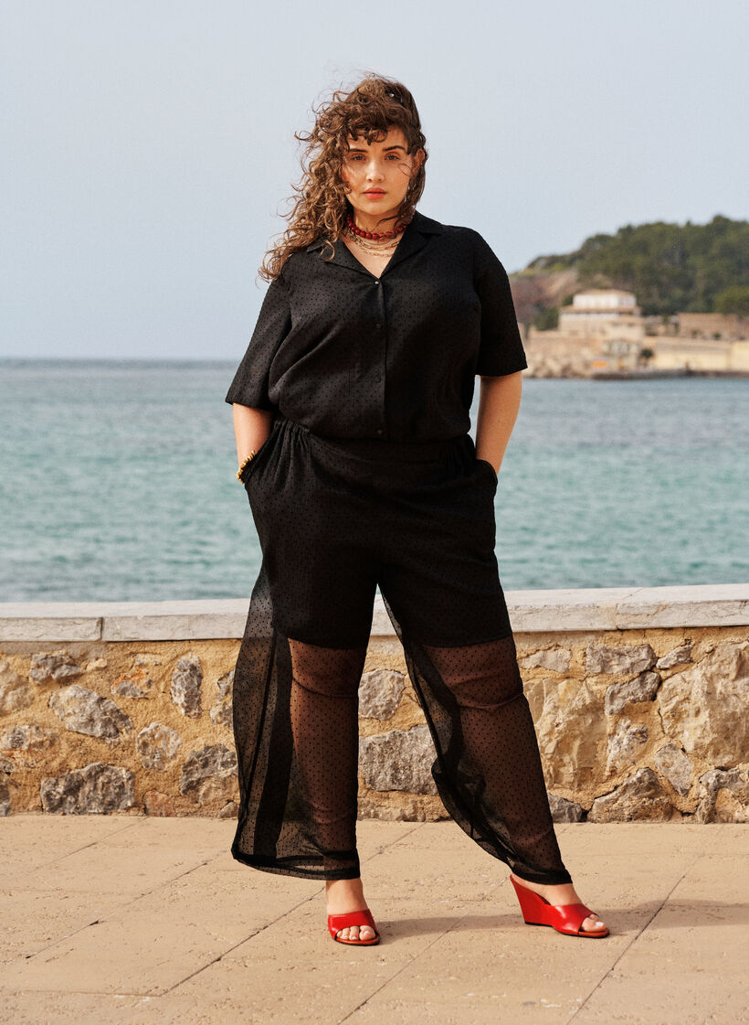 Loose chiffon trousers with dots, Black, Image image number 0
