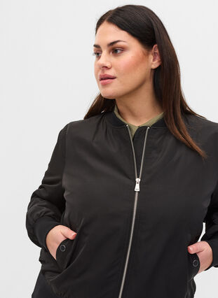 Bomber jacket with pockets and ribbed fabric, Black, Model image number 2