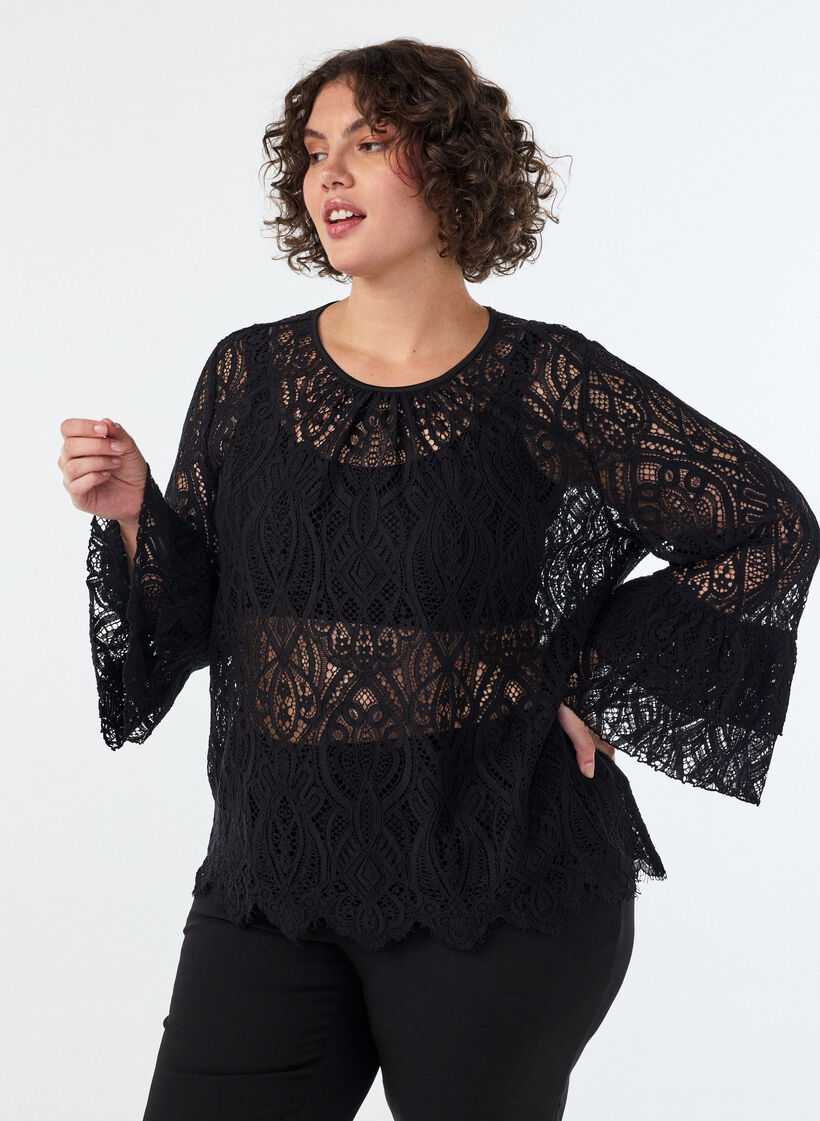 Lace blouse with long trumpet sleeves and ruffles, Black, Model image number 0