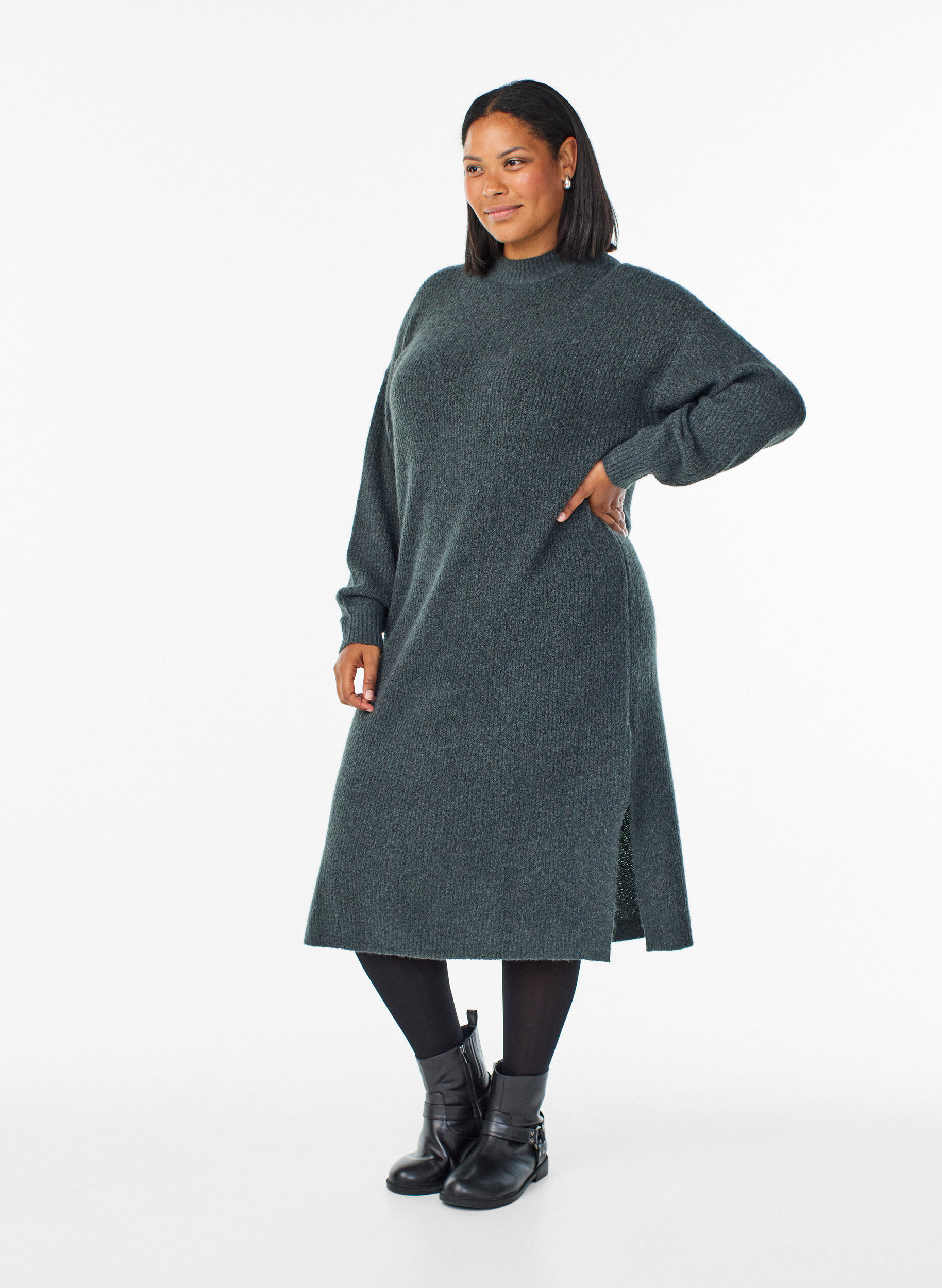 Long knitted dress with high neck, Green, Model