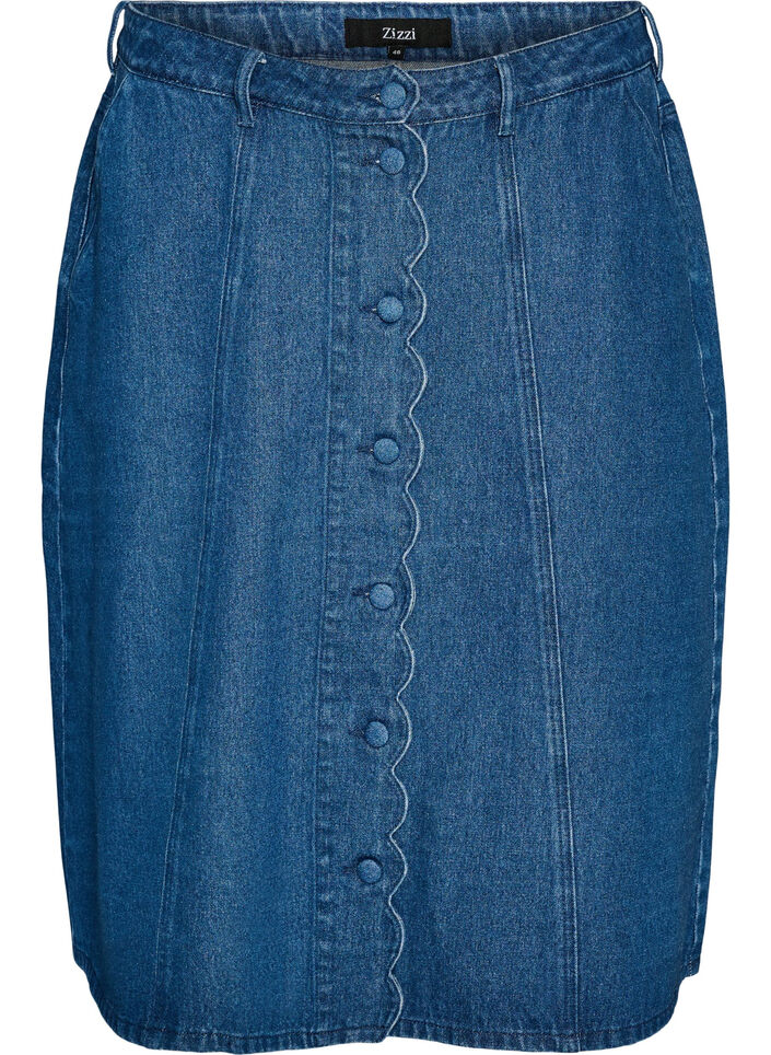 A-line denim skirt with wavy button placket, Blue, Packshot image number 0