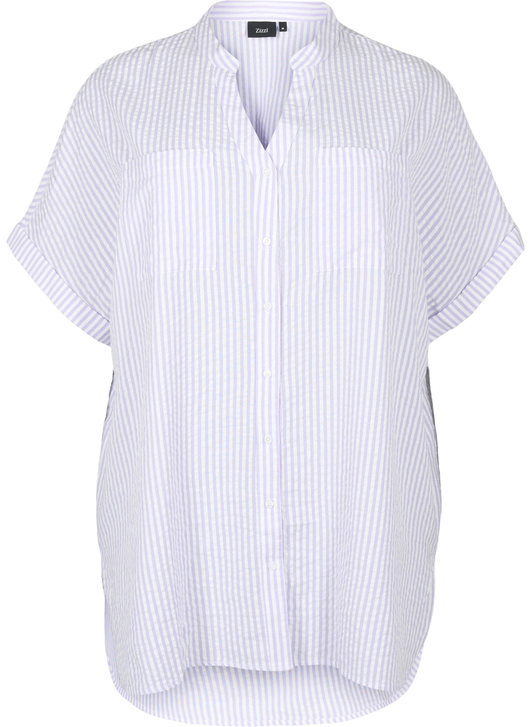 Zizzifashion Striped shirt with chest pockets, White/LavenderStripe, Packshot image number 0