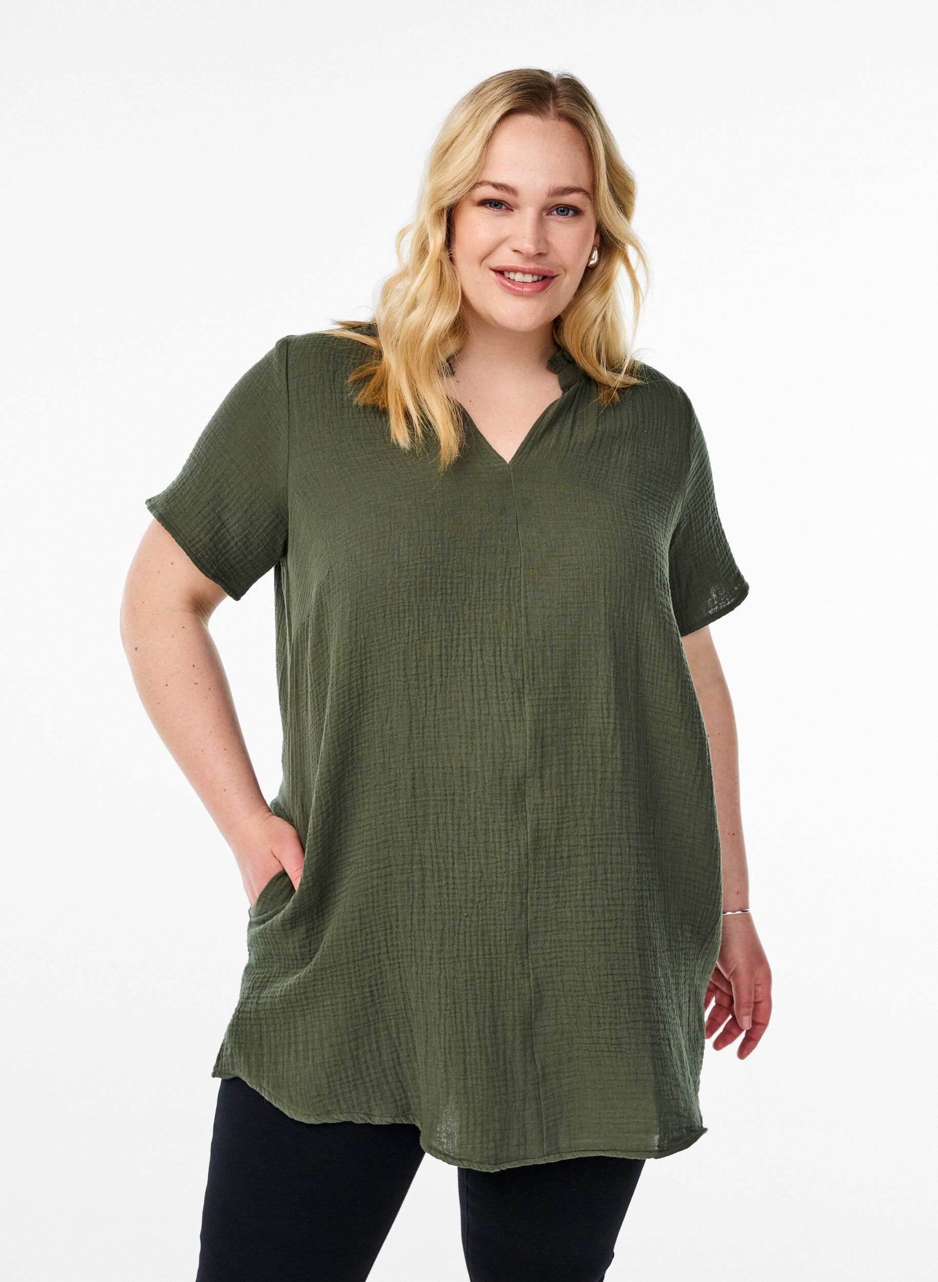 Zizzifashion Cotton muslin tunic with short sleeves, Green, Model image number 0