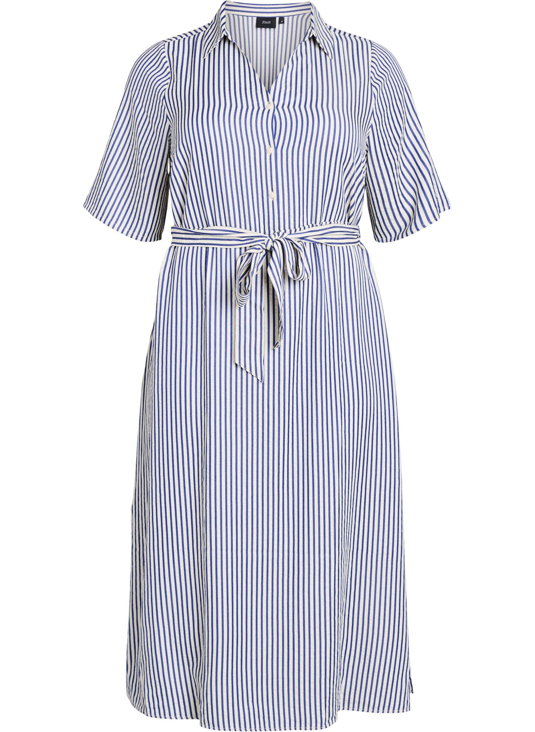 Zizzifashion Ankle-length shirt dress with tie belt and stripes, Blue, Packshot image number 0