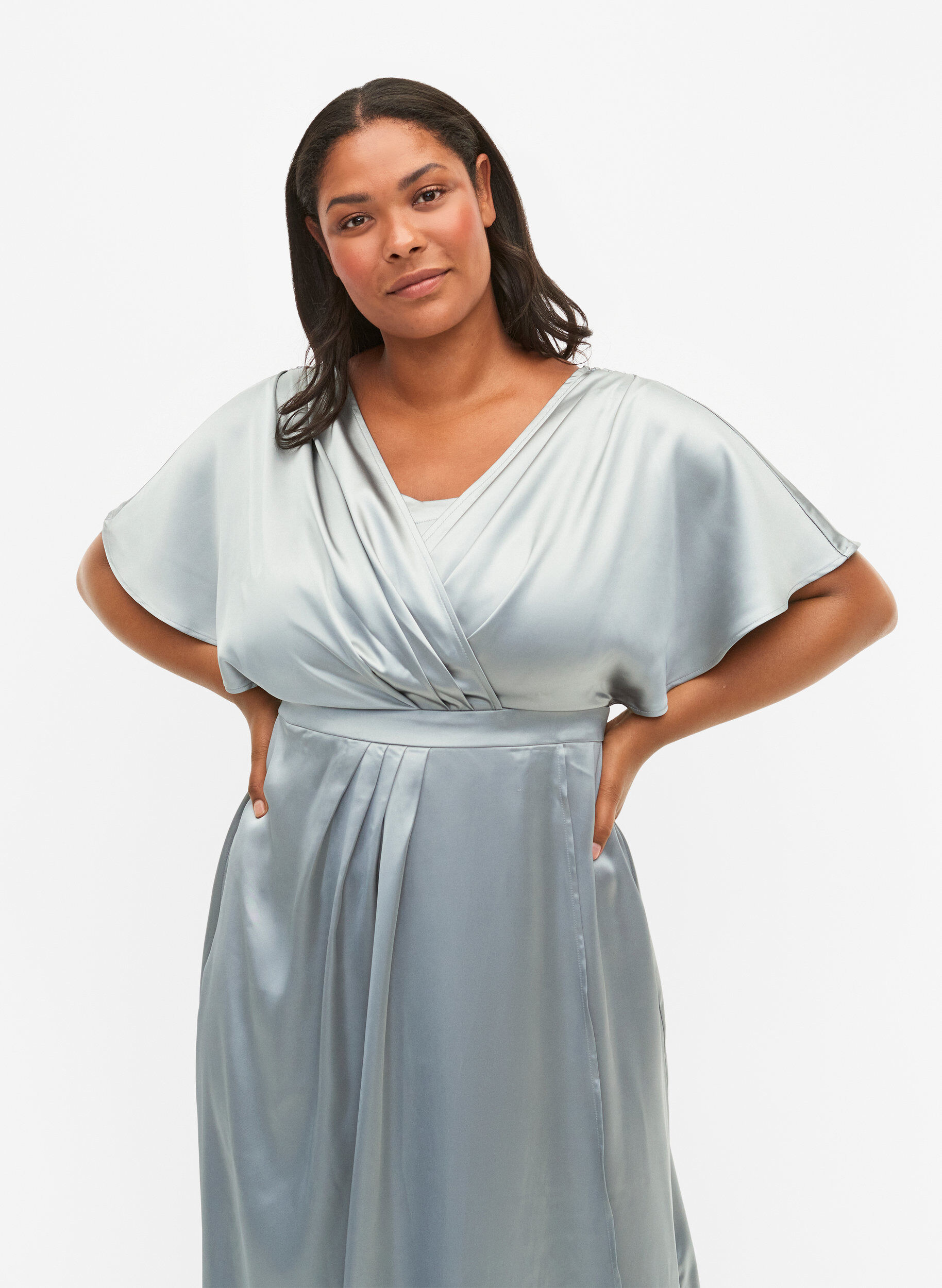 Zizzifashion Maxi dress with wrap and short sleeves, Silver Blue, Model image number 3