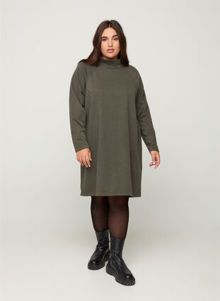 Sweater dress with a high neck and tie detail, Ivy Green Melange, Model image number 2