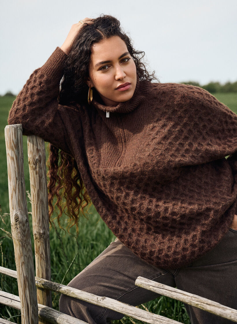Jumper with a high neck and texture, Brown, Image image number 0