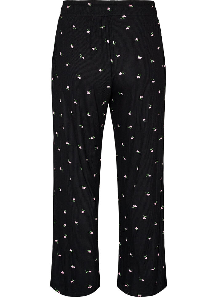 Pyjama bottoms with ribbed texture and floral print, Black, Packshot image number 1