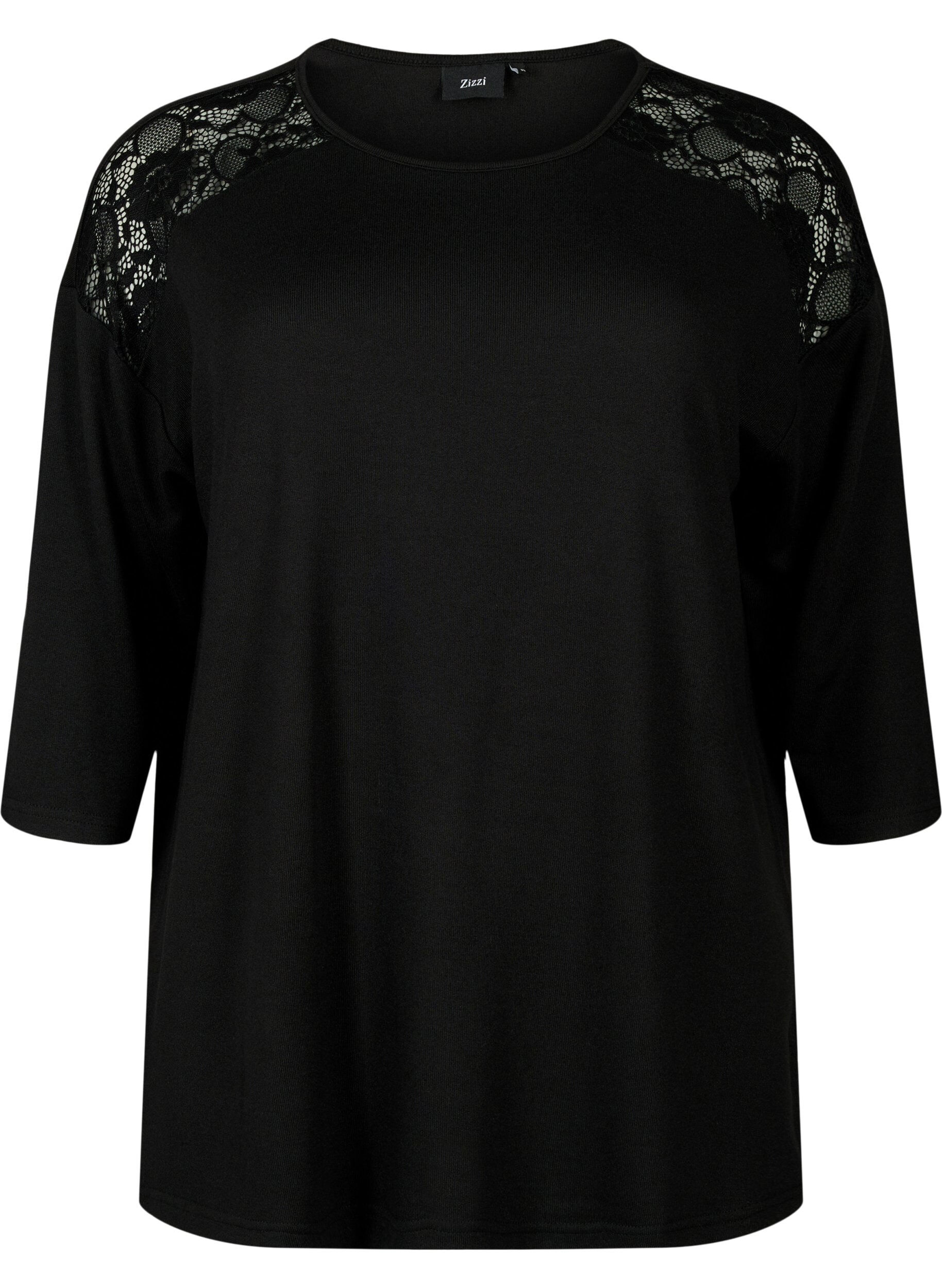 Zizzifashion Blouse with 3/4 sleeves and lace detail, Black, Packshot image number 0