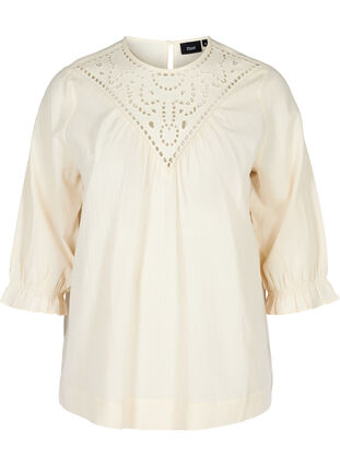 Blouse with broderie anglaise and 3/4 sleeves, Mother Of Pearl, Packshot image number 0