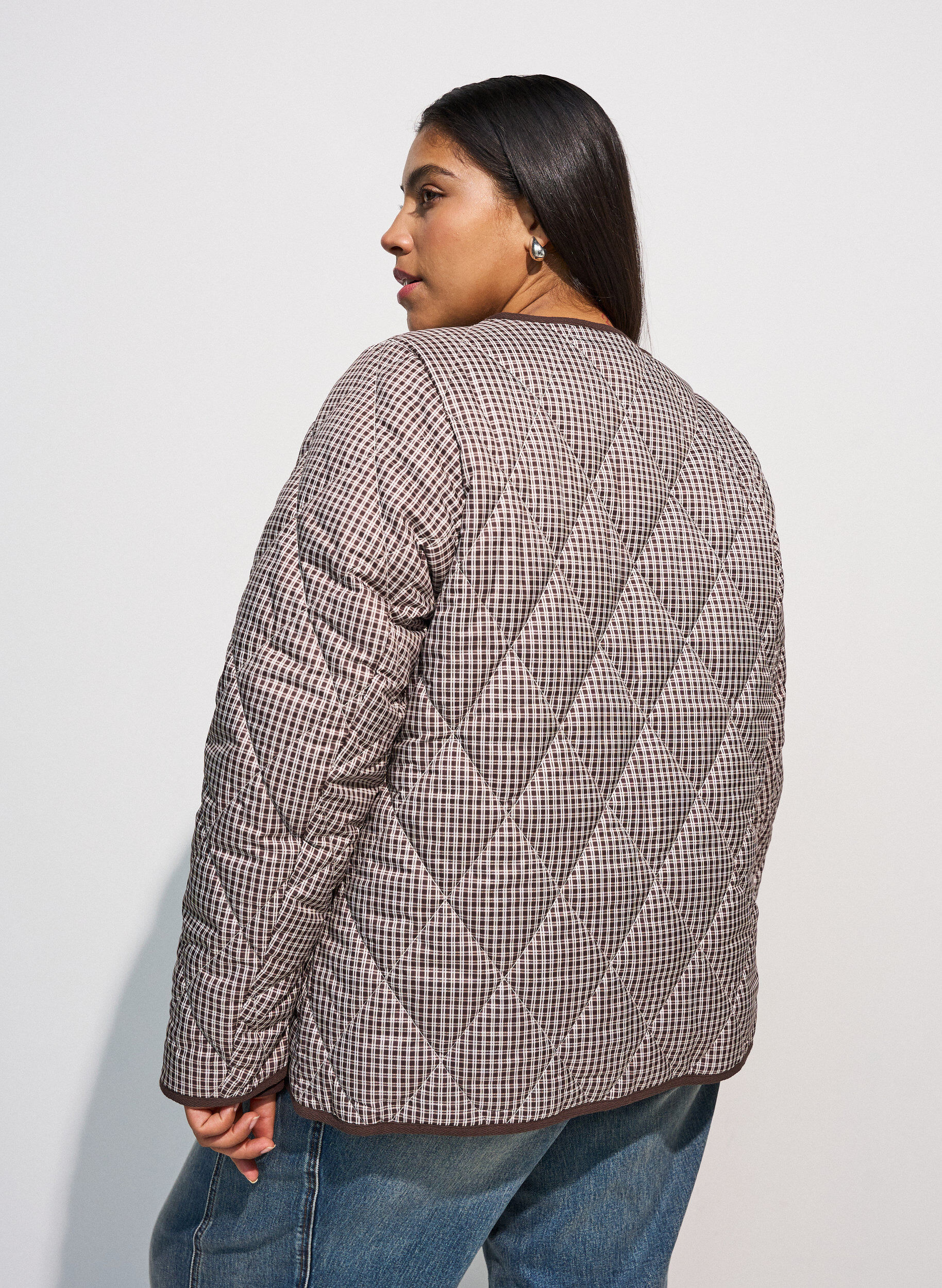 ZizzifashionQuilted jacket with small checks and contrast trim, Brown, Model image number 2