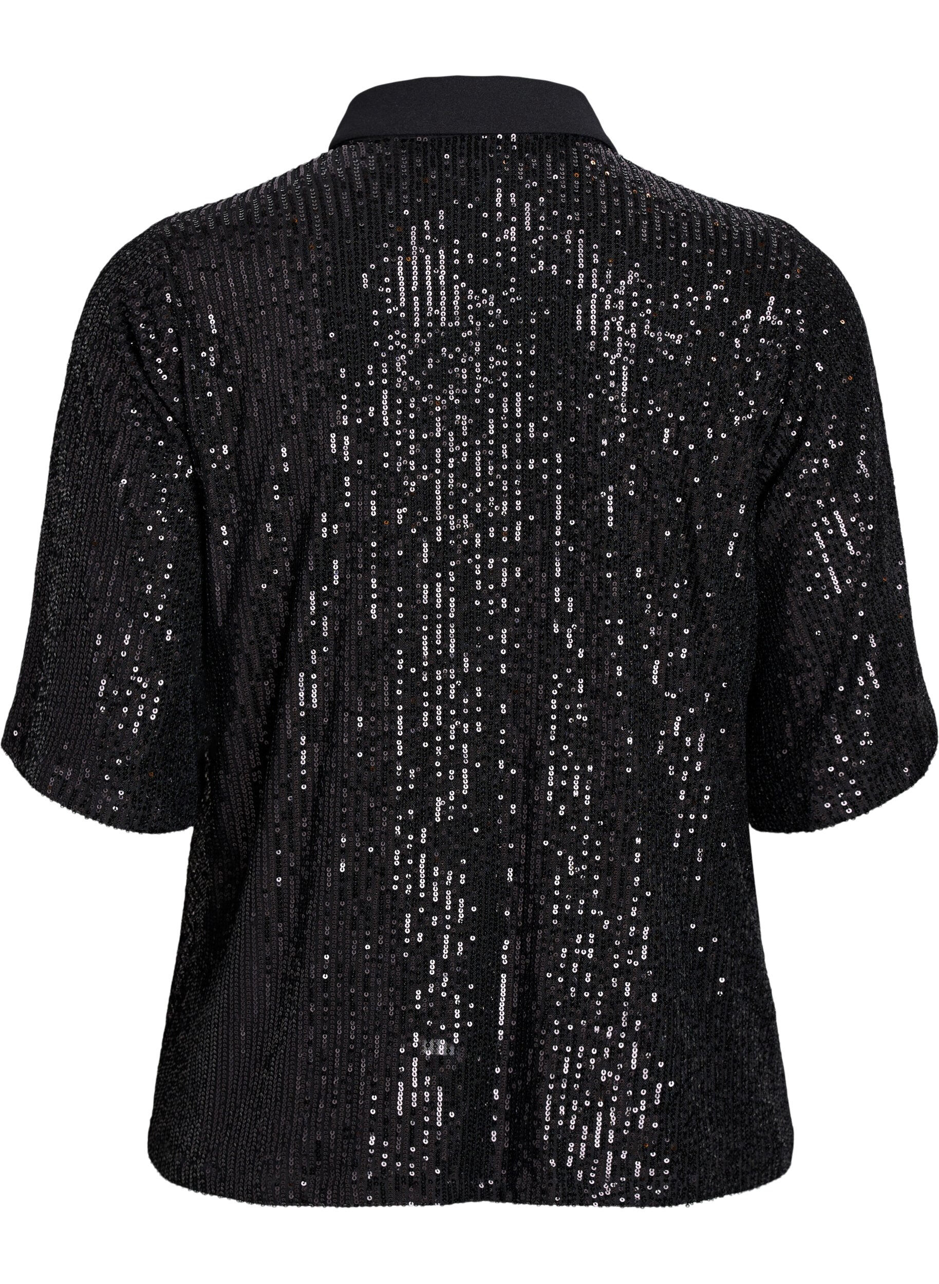 Zizzifashion Sequin blouse with polo collar and short sleeves, Black, Packshot image number 1