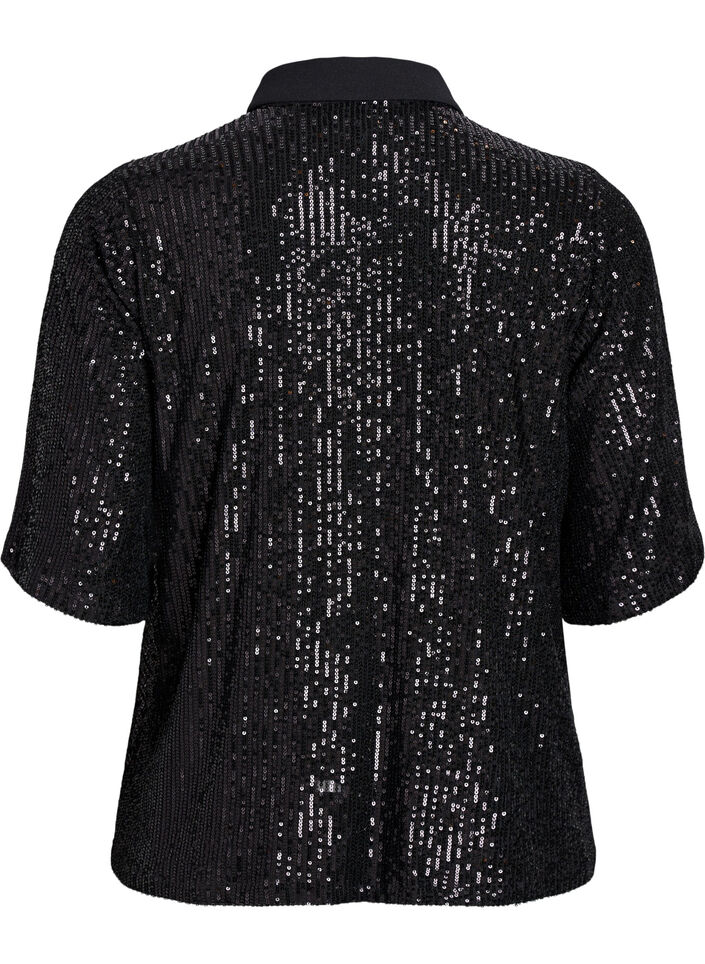 Sequin blouse with polo collar and short sleeves, Black, Packshot image number 1