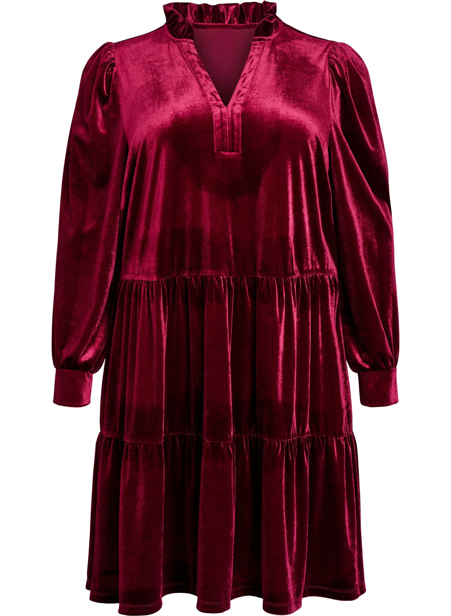 Short velour dress with a ruffle collar and long sleeves