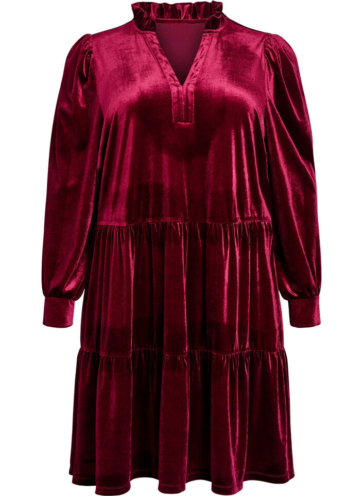 Short velour dress with a ruffle collar and long sleeves, Red, Packshot image number 0