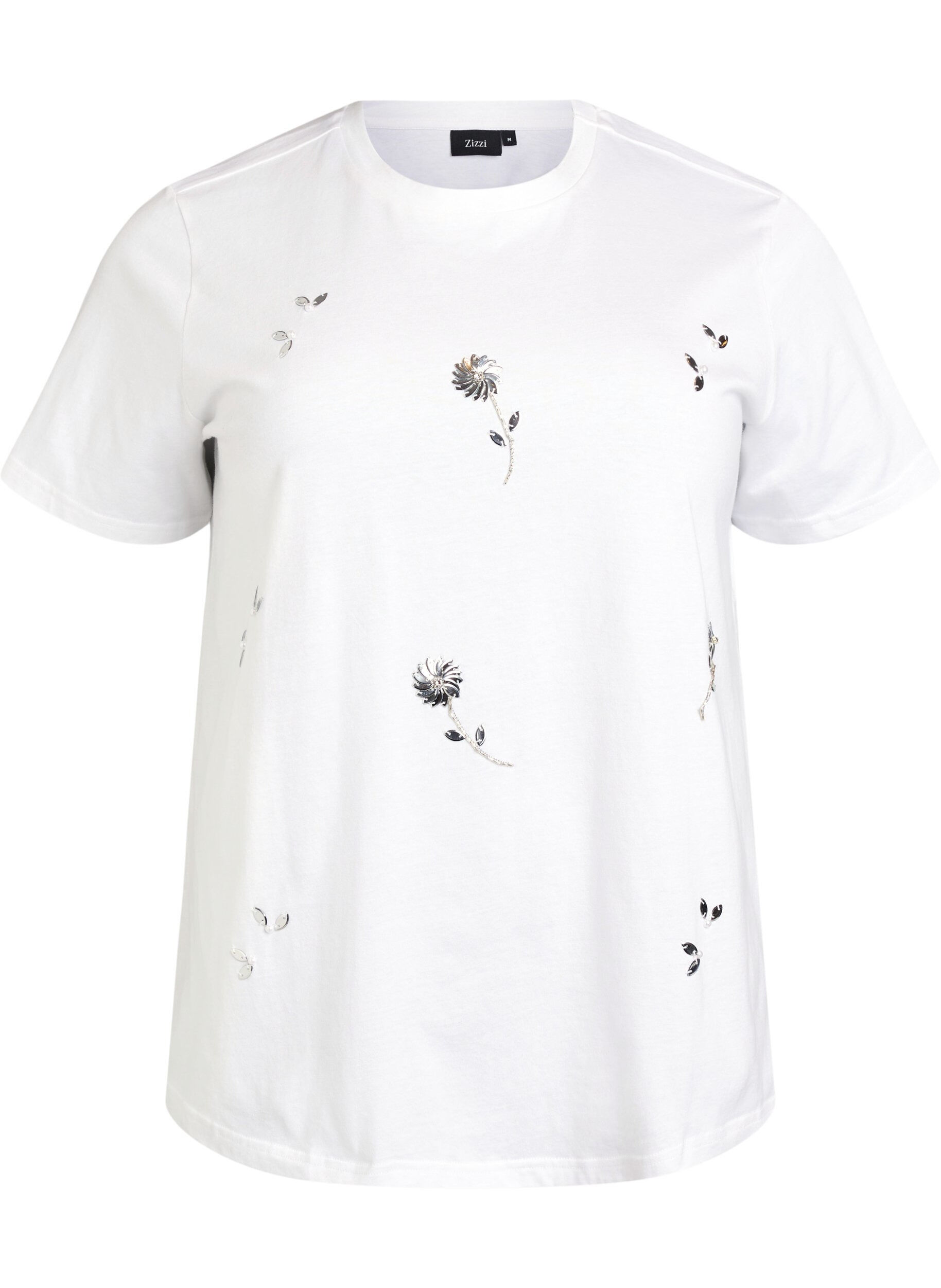 Zizzifashion T-shirt with sequin flowers, White, Packshot image number 0