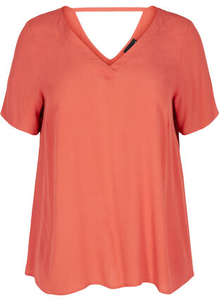 Short-sleeved viscose blouse with V-neckline  , Hot Sauce, Packshot image number 0