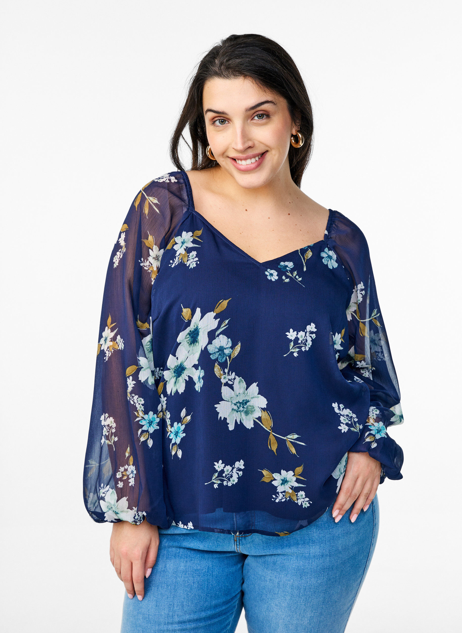 Zizzifashion Chiffon blouse with floral print and long sleeves, Blue, Model image number 0