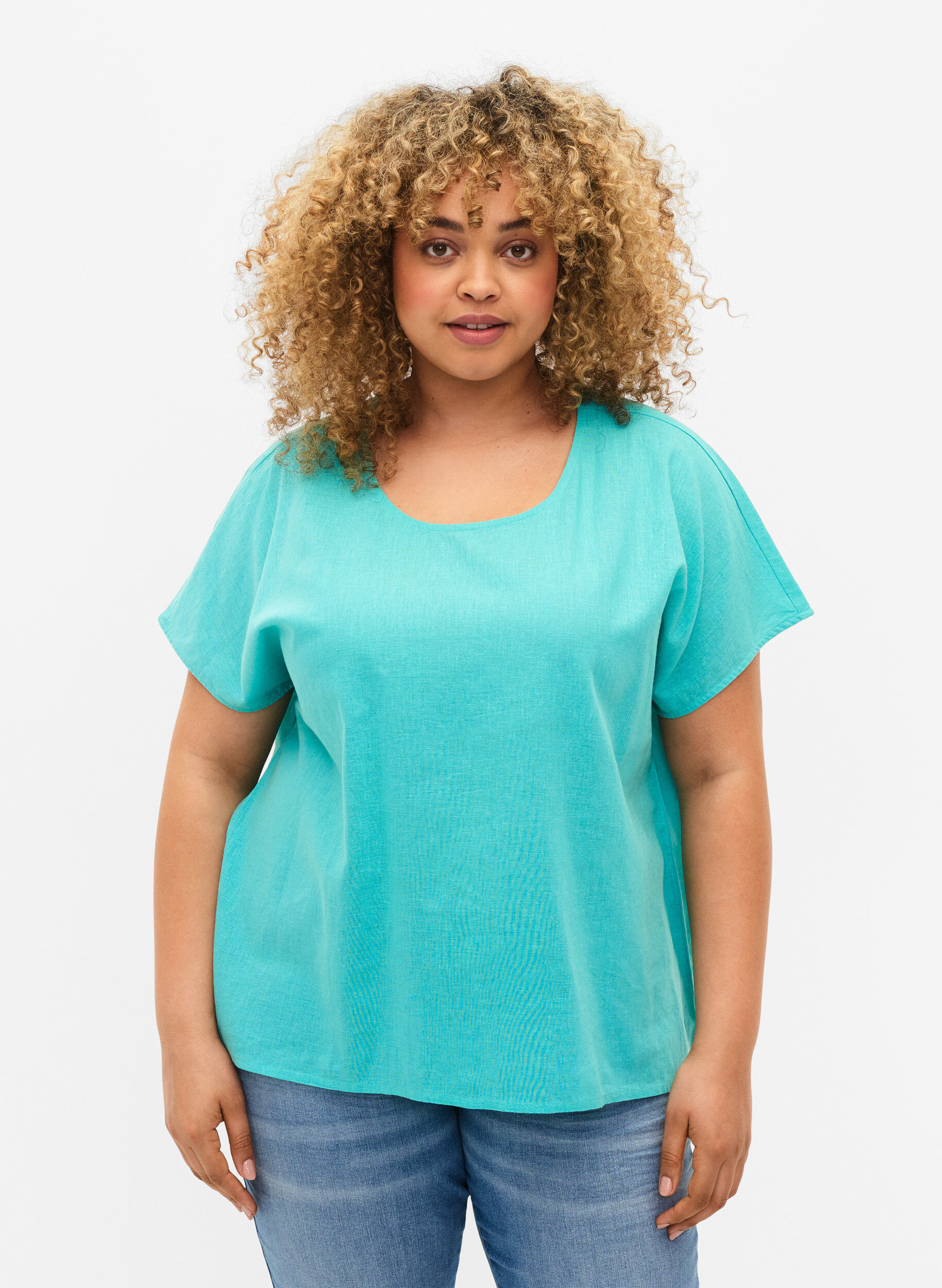 Zizzifashion Short-sleeved blouse in cotton blend with linen, Turquoise, Model image number 0