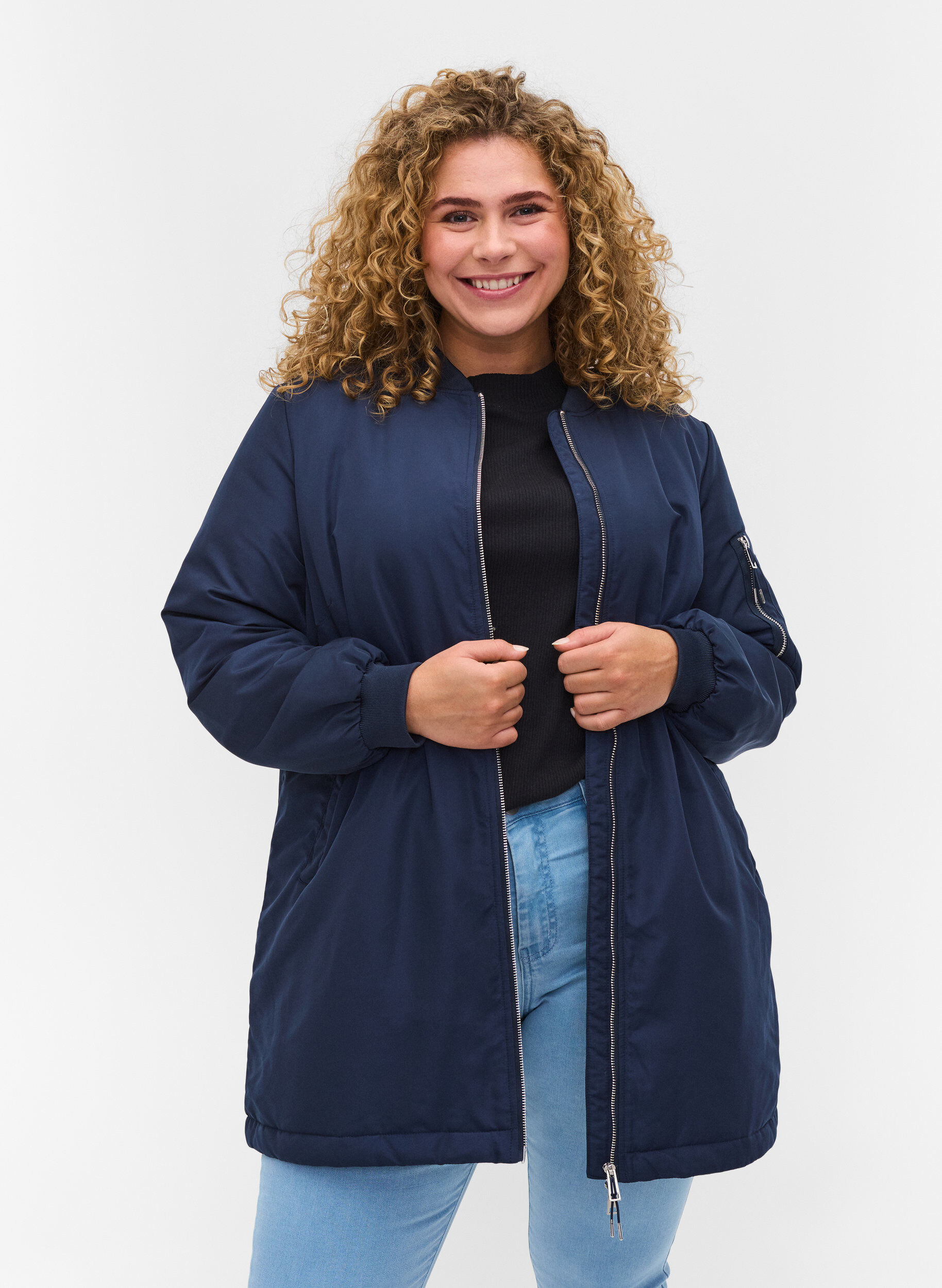 Zizzifashion Long bomber jacket with pockets, Navy Blazer, Model image number 0