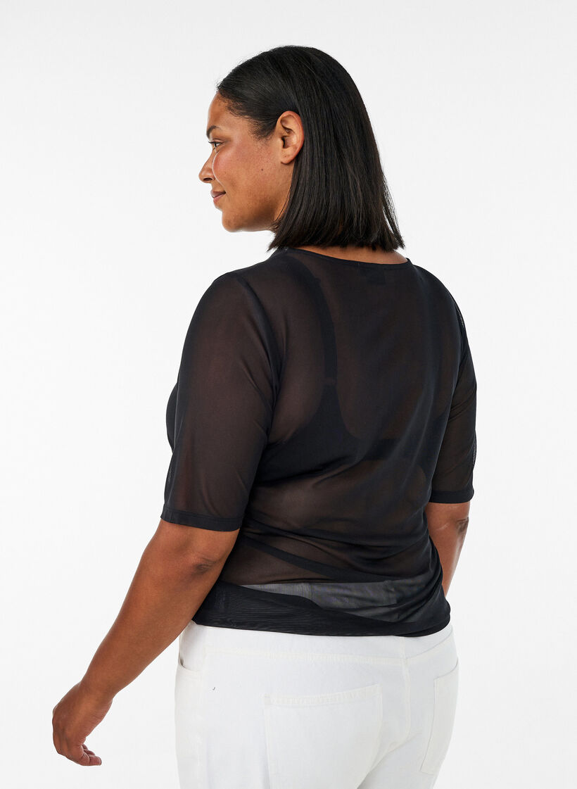 Mesh top with short sleeves and round neck, Black, Model image number 1