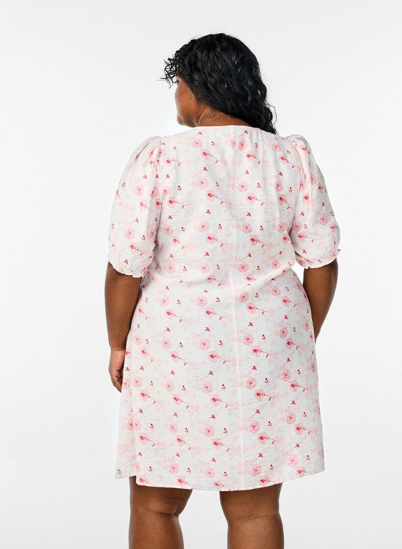 Short A-line dress with floral print, Rose, Model image number 2
