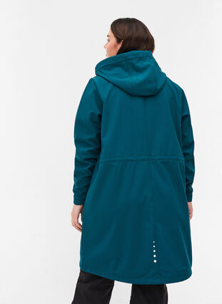 Long, hooded softshell jacket, Blue Coral solid, Model image number 1