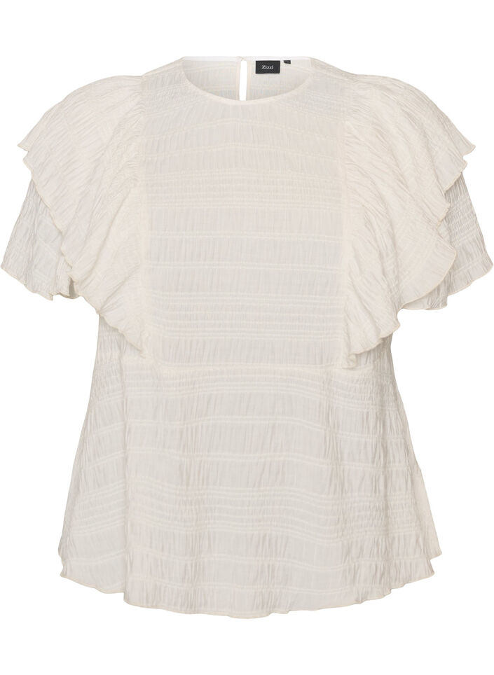 Blouse with smocked texture and ruffle sleeves, Vanilla, Packshot image number 0