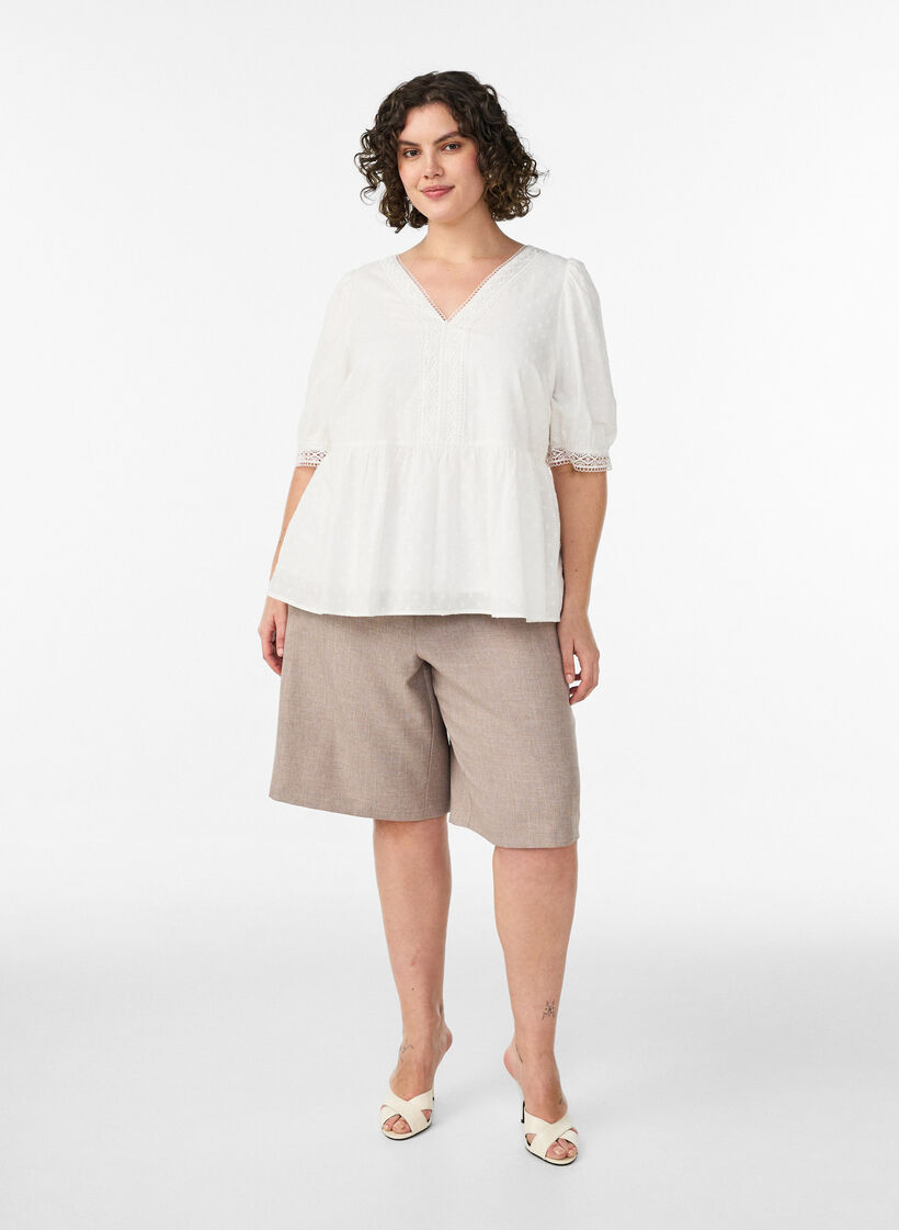 Blouse in textured cotton with crochet details, White, Model image number 1