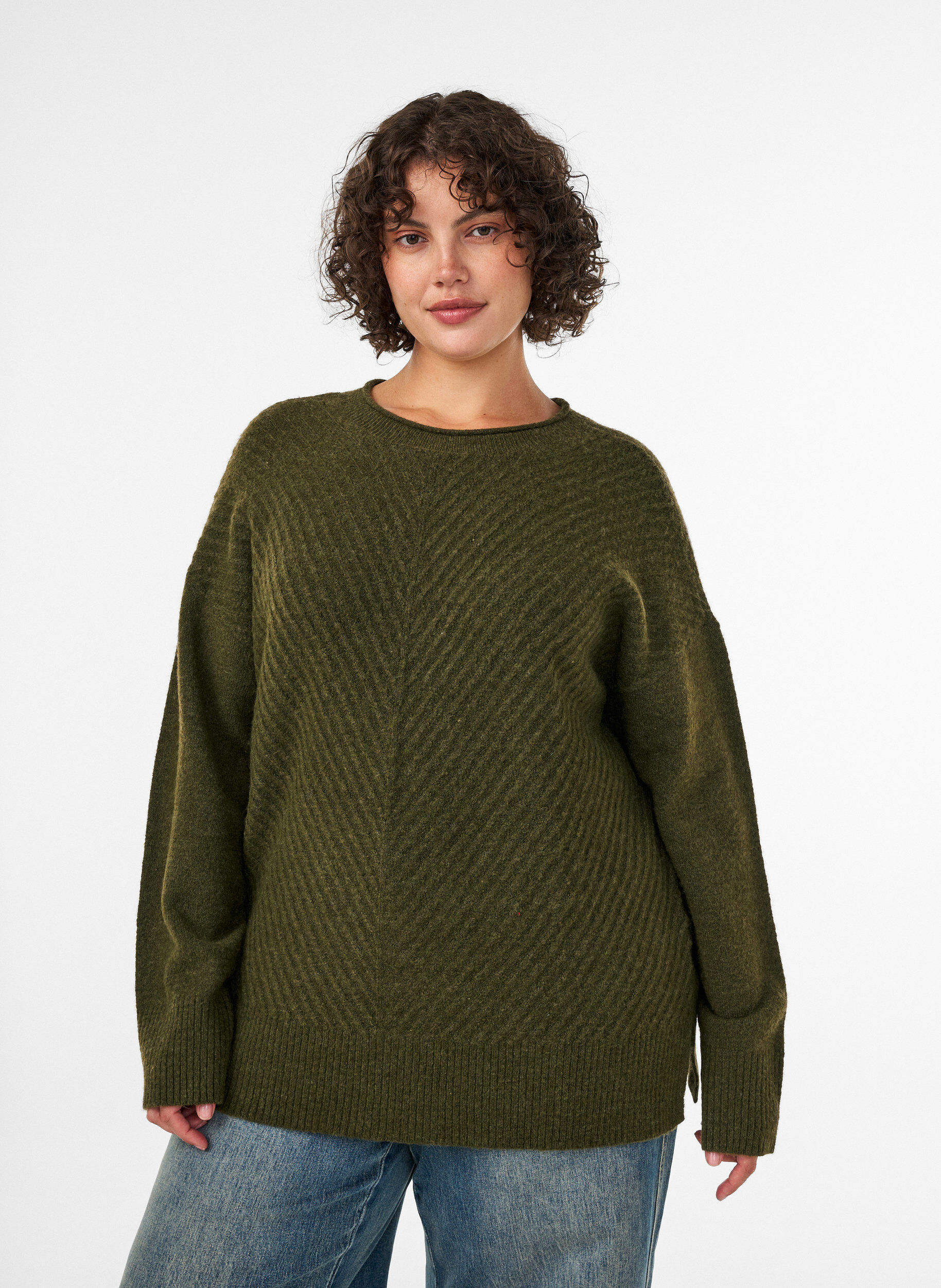 ZizzifashionKnitted blouse with V-shaped rib pattern and slits, Green, Model image number 0