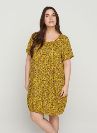 Short-sleeved viscose dress with print, Yellow Ditsy Flower, Model image number 0
