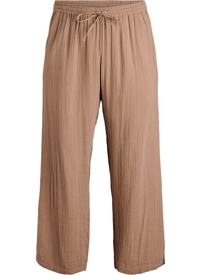 High-waisted cotton muslin trousers with loose legs, Brown, Packshot