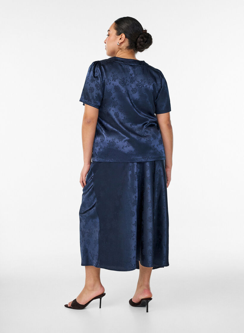Satin skirt with a tonal floral pattern, Blue, Model image number 1