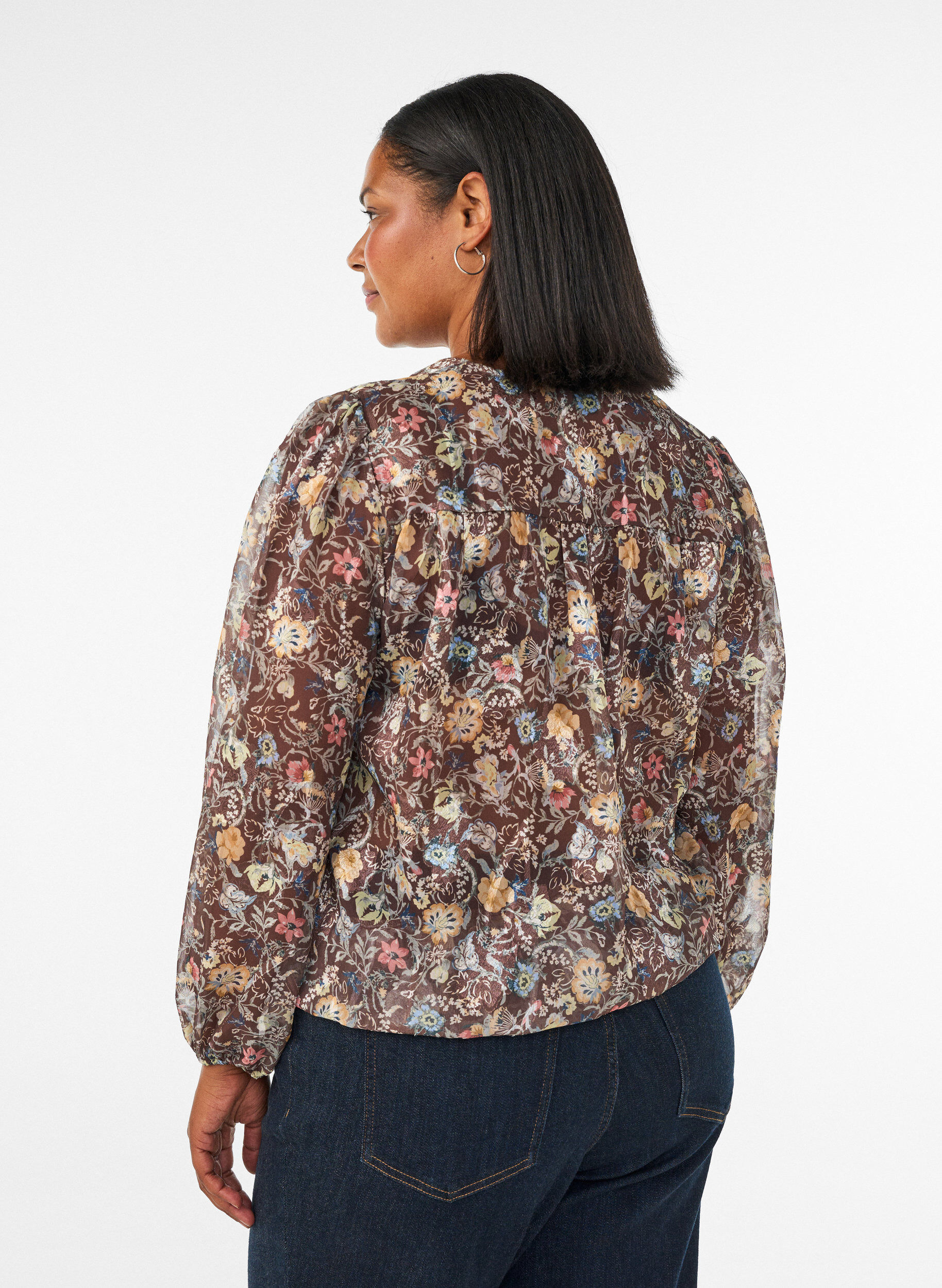 ZizzifashionBlouse with floral print and balloon sleeves, Brown, Model image number 2