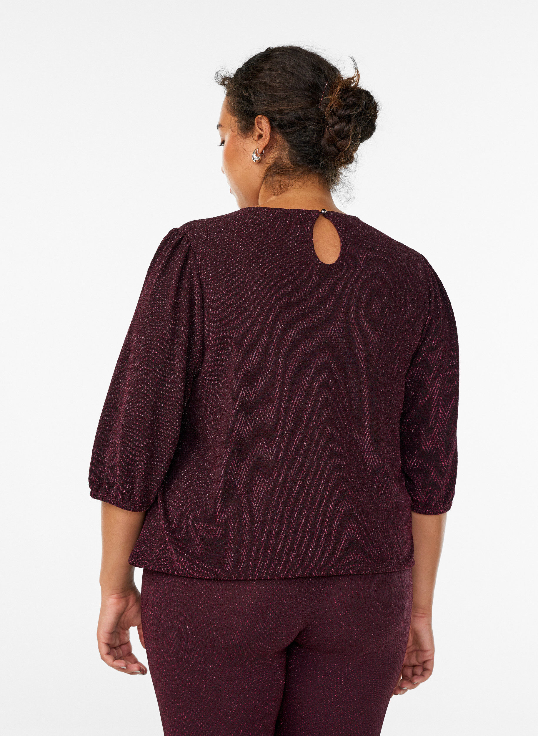 Zizzifashion Blouse with glitter pattern and 3/4 sleeves, Dark Bordeaux, Model image number 2