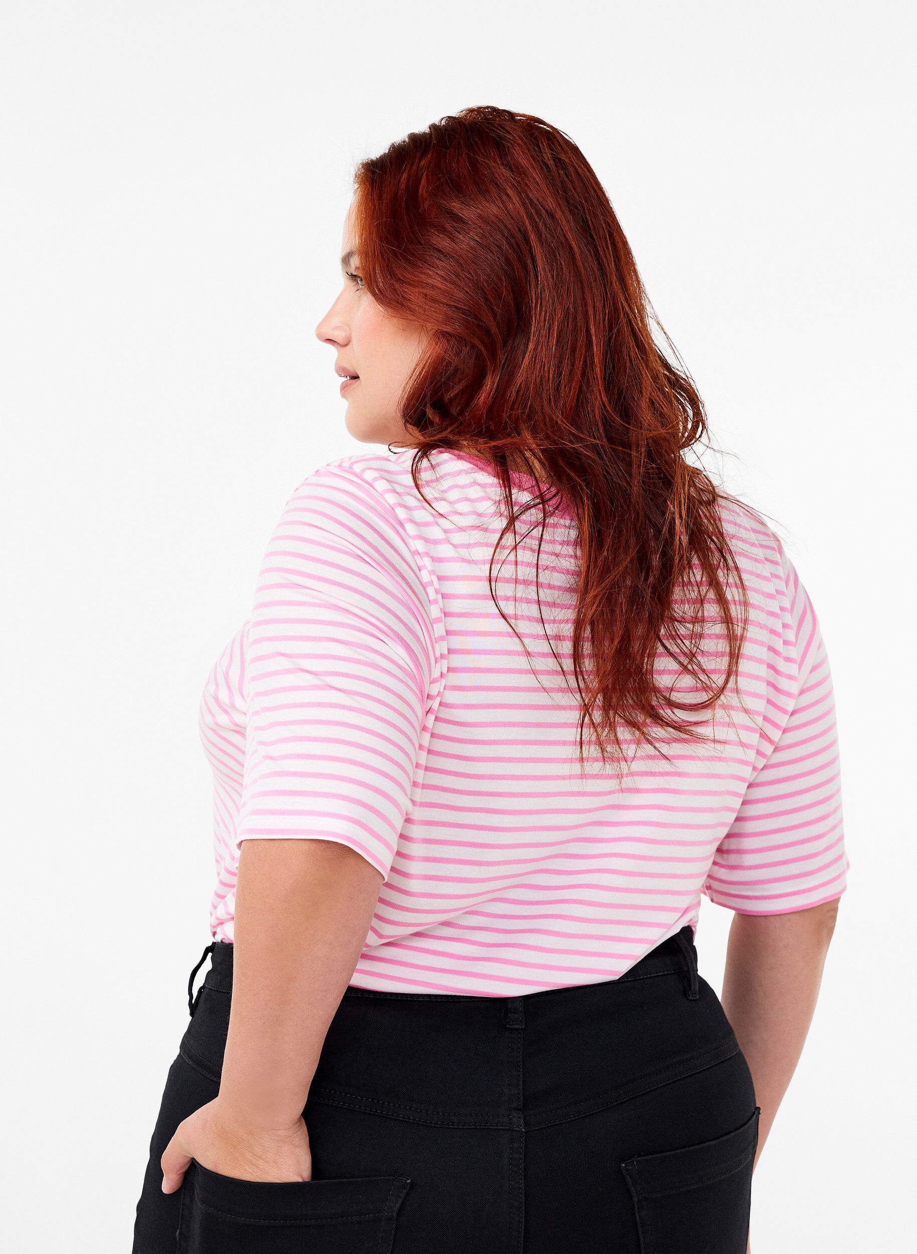 Zizzifashion Striped T-shirt in lyocell with round neck, Red, Model image number 2