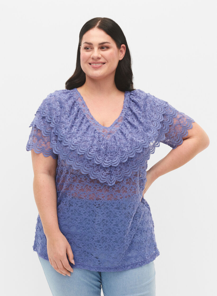 Short-sleeved blouse with frills, Purple, Model image number 0