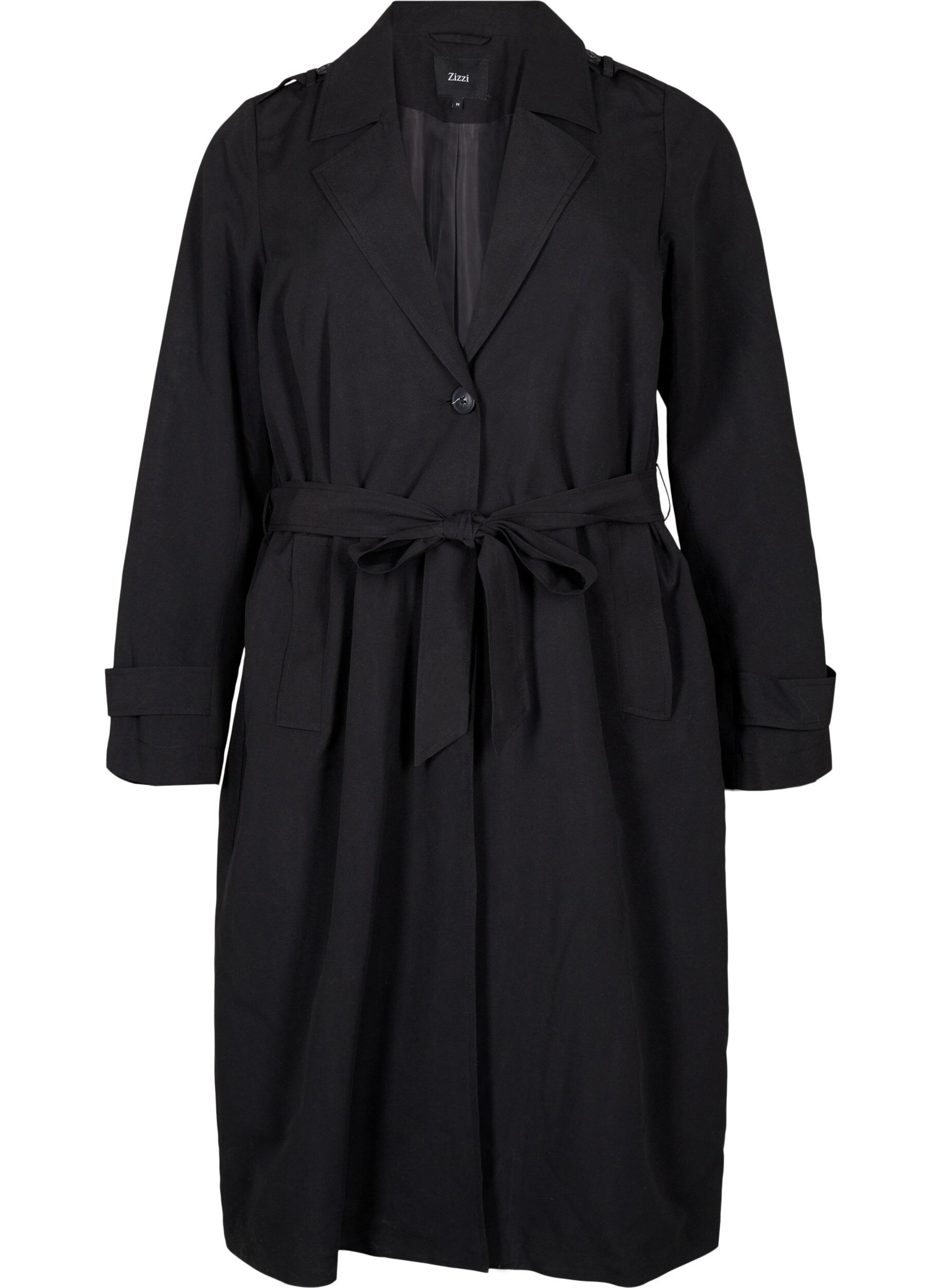 Zizzifashion Long trench coat with belt, Black, Packshot image number 0
