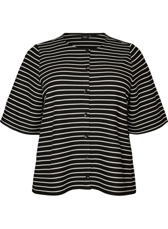 Blouse with a ribbed texture and button closure, Black, Packshot image number 0