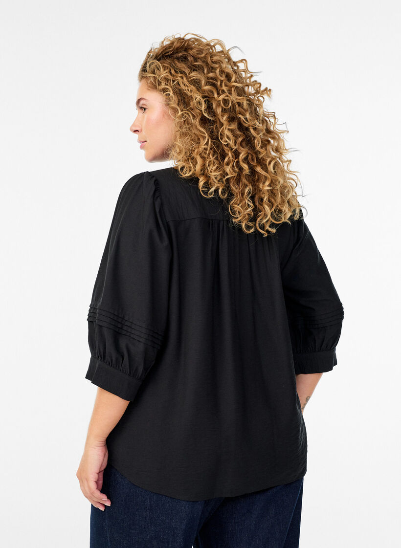 Blouse with 3/4 sleeves and decorative pleats, Black, Model image number 2