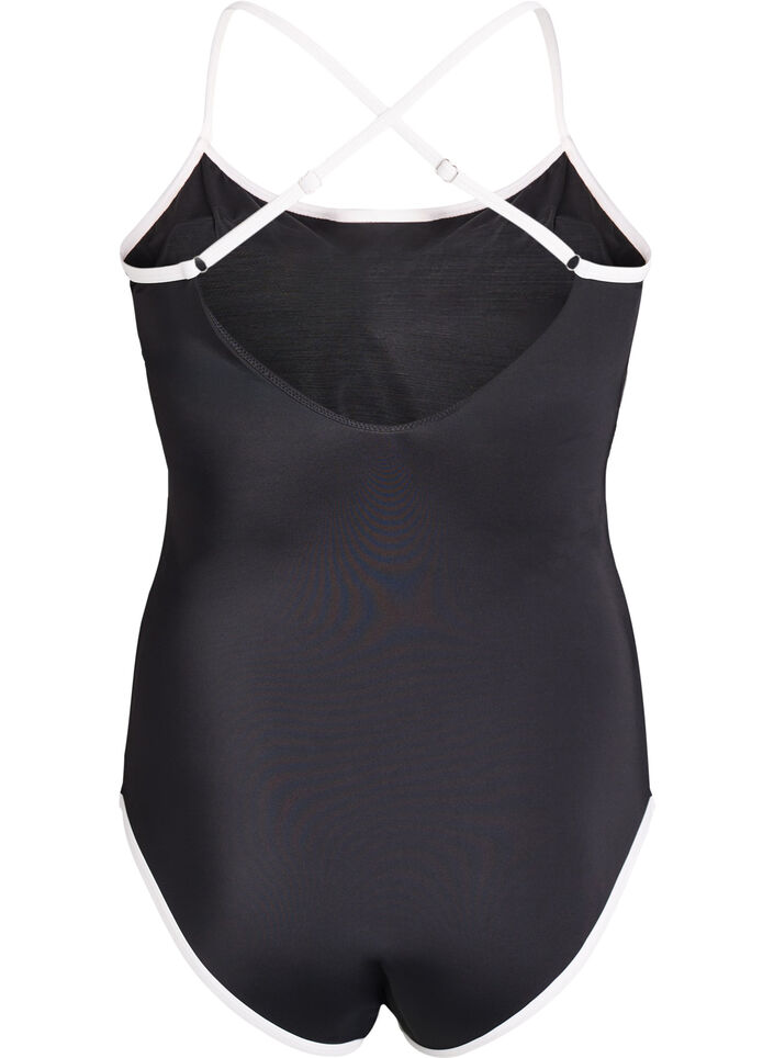 Sports swimsuit with contrast trim and criss-cross straps, Black, Packshot image number 1