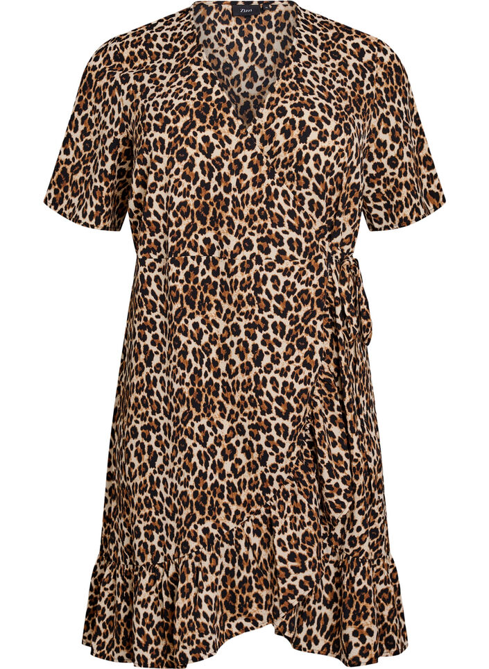 Printed wrap dress with short sleeves, Brown, Packshot image number 0