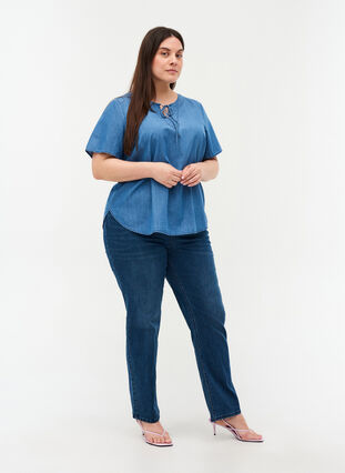 Short-sleeved denim blouse in cotton, Medium Blue Denim, Model image number 2
