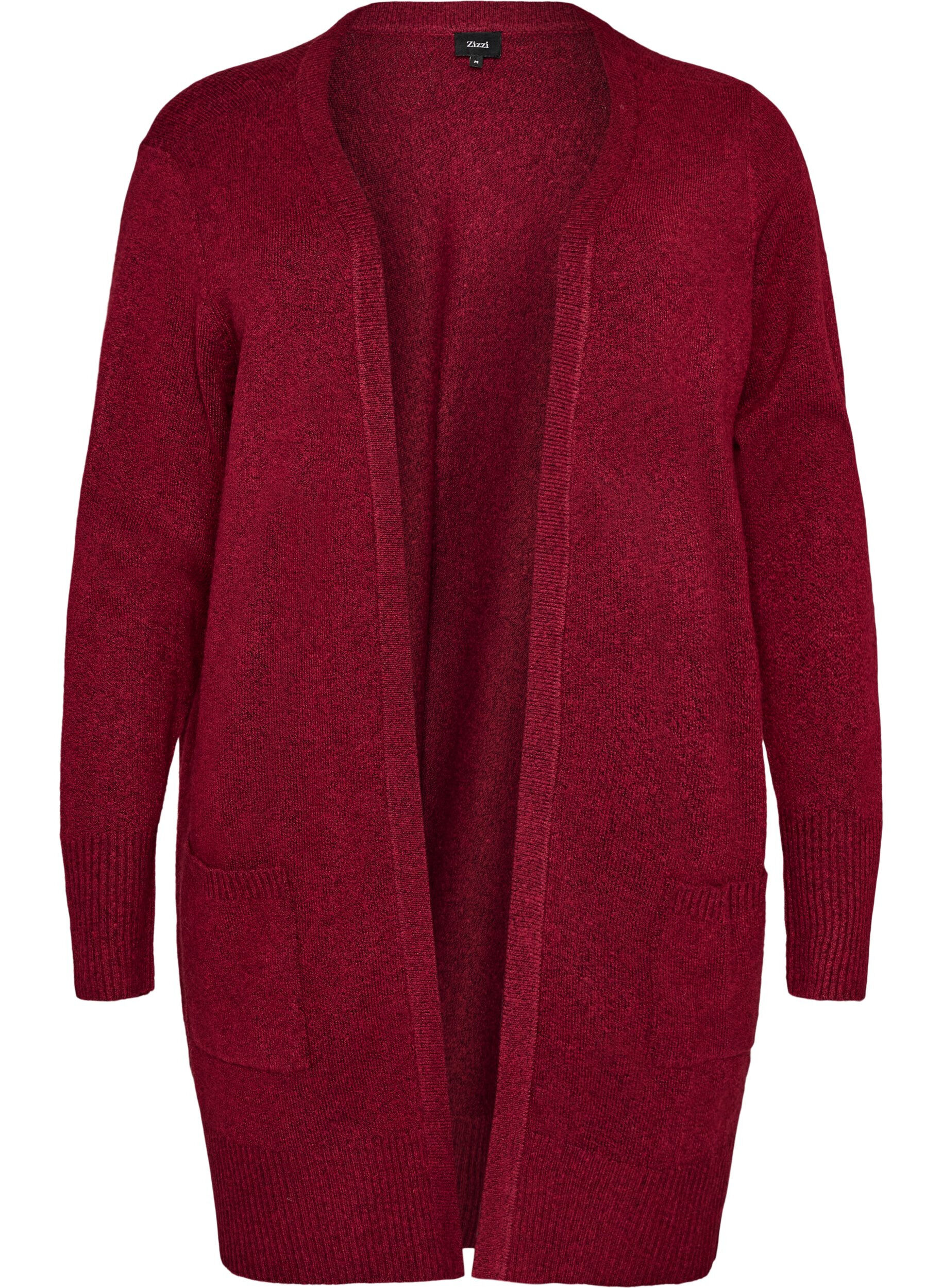 ZizzifashionRibbed Knit Cardigan with Pockets, Red, Packshot image number 0